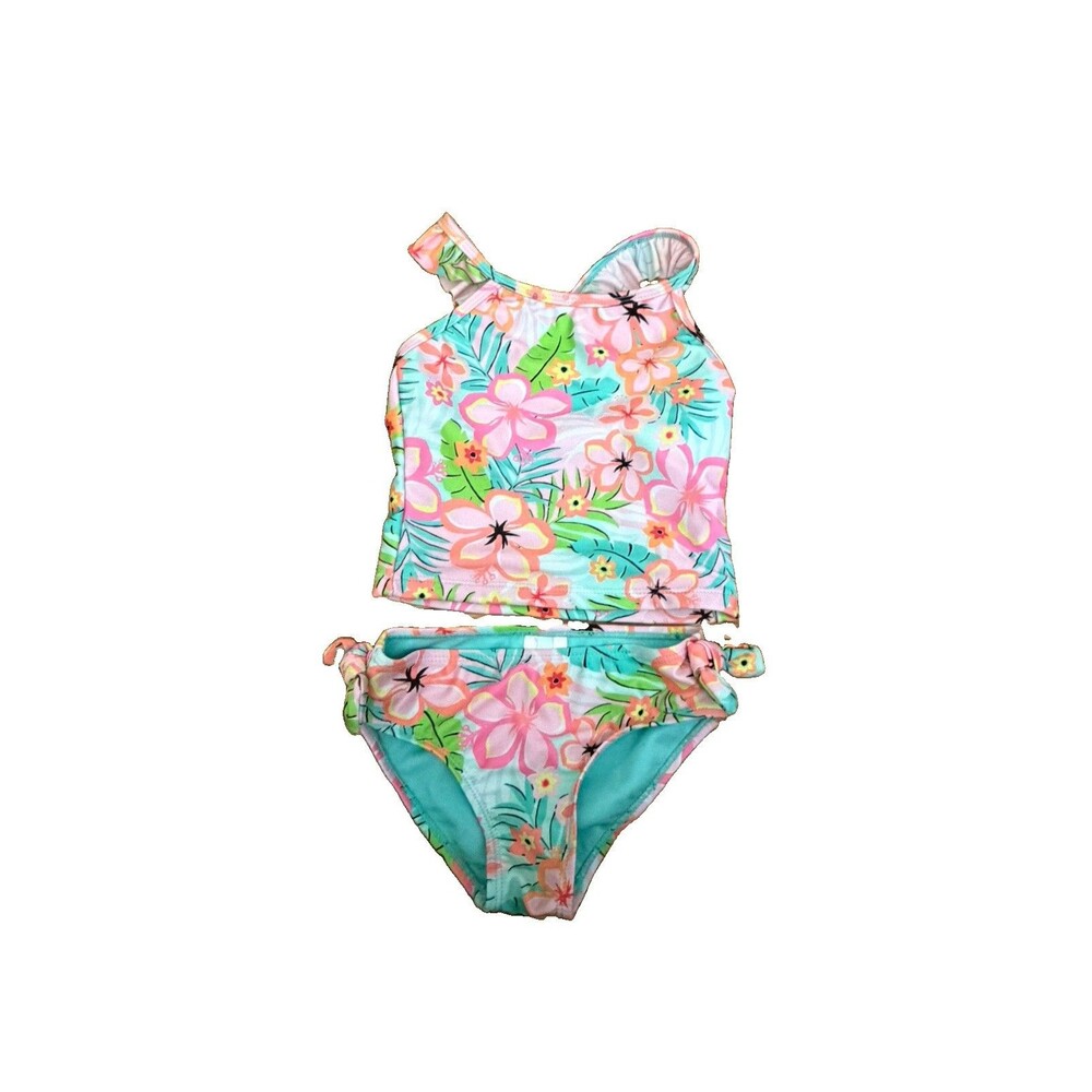 Breaking Waves Girl's Sz 4 2 Pc Tankini Bikini Swimsuit Pink Green Floral Tropic